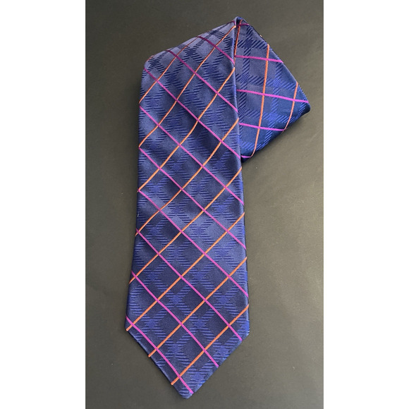 T Hilf 100% Silk Tie Diagonal Plaid Blue/Pink/Orange Houndstooth Jacquard - Picture 2 of 6